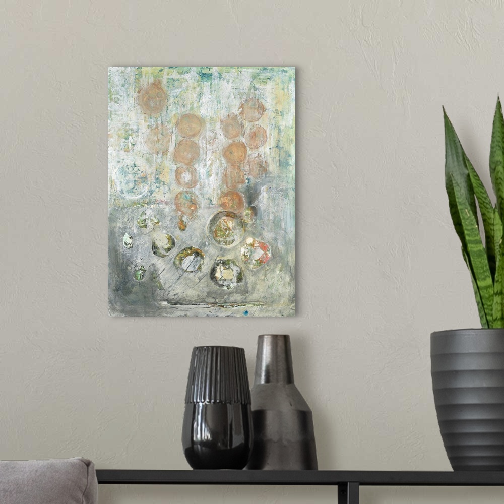 A modern room featuring Contemporary abstract artwork featuring subtle round shapes in neutral colors.