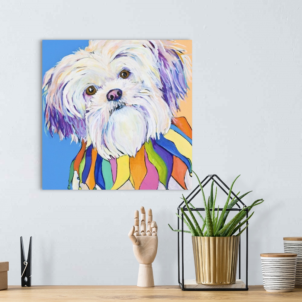 A bohemian room featuring Contemporary artwork of a white shih-tzu dog with a colorful collar.