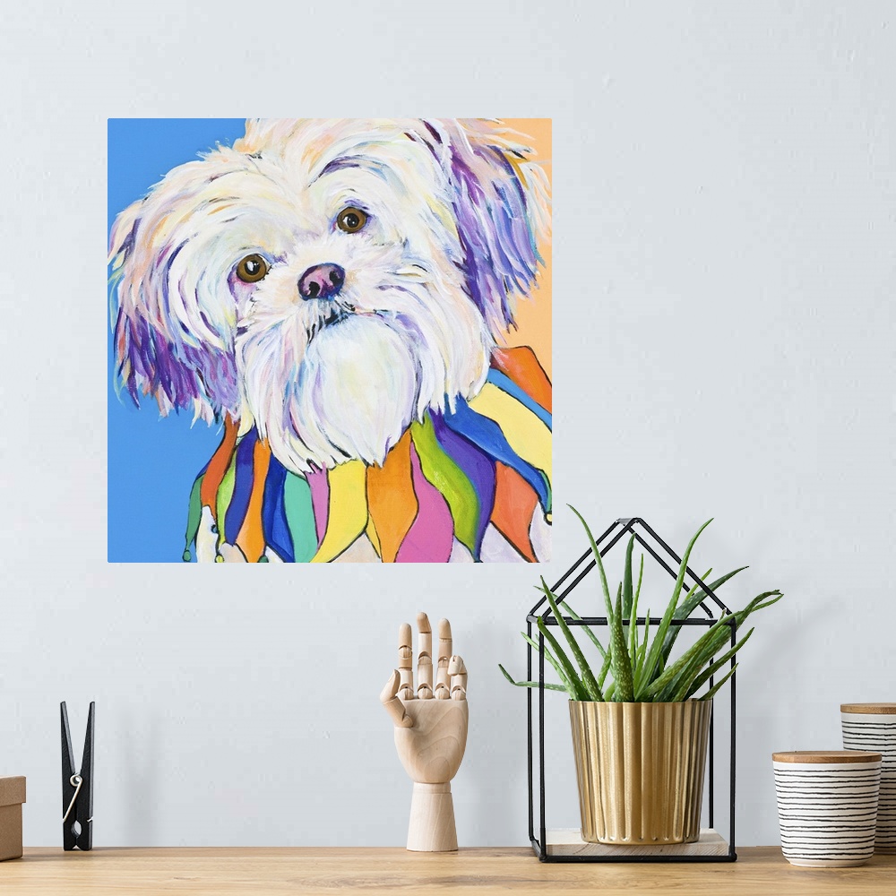 A bohemian room featuring Contemporary artwork of a white shih-tzu dog with a colorful collar.