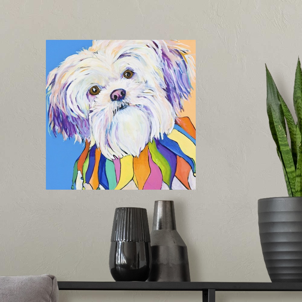 A modern room featuring Contemporary artwork of a white shih-tzu dog with a colorful collar.