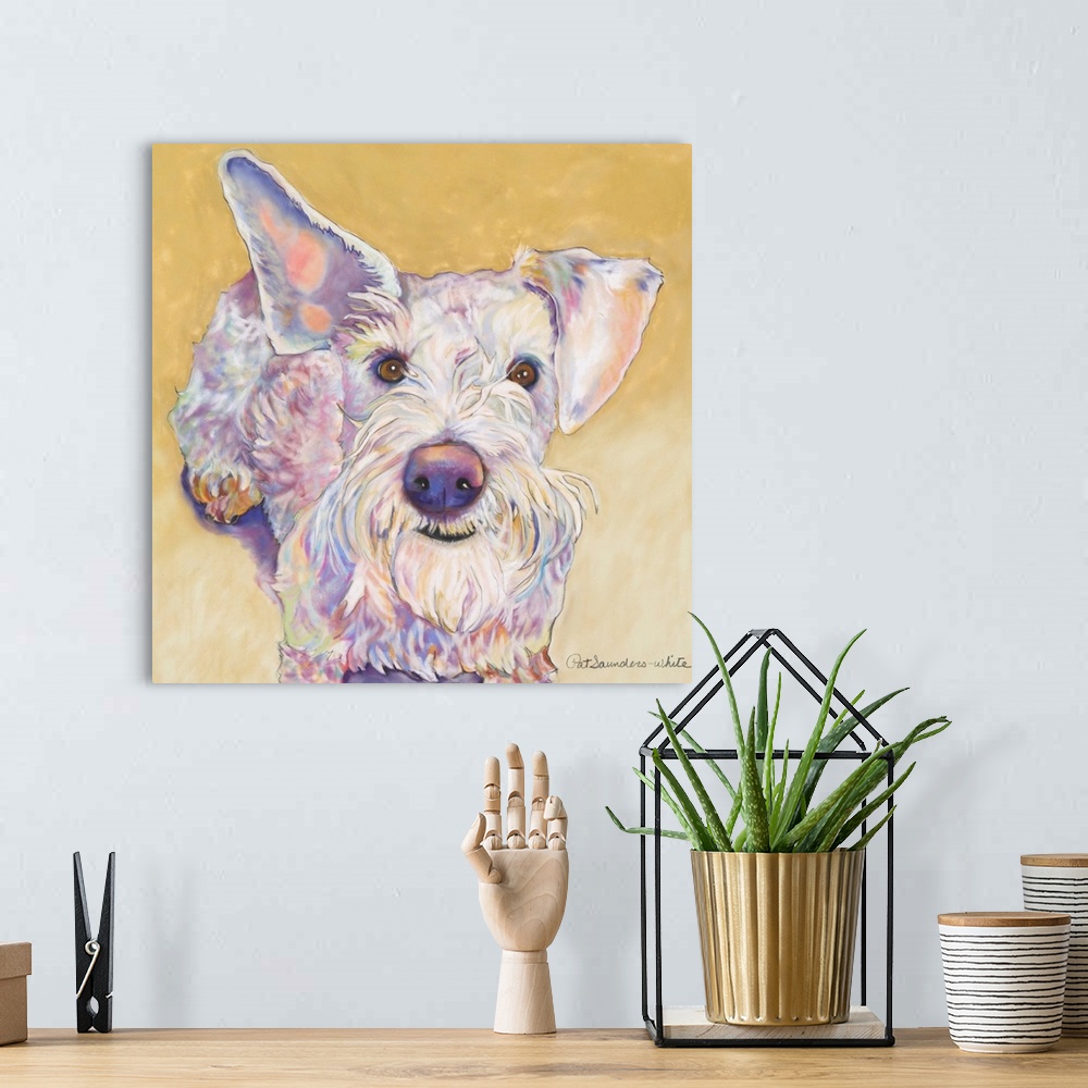 A bohemian room featuring Contemporary painting of a white terrier dog.