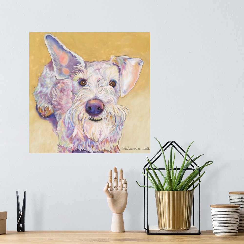A bohemian room featuring Contemporary painting of a white terrier dog.