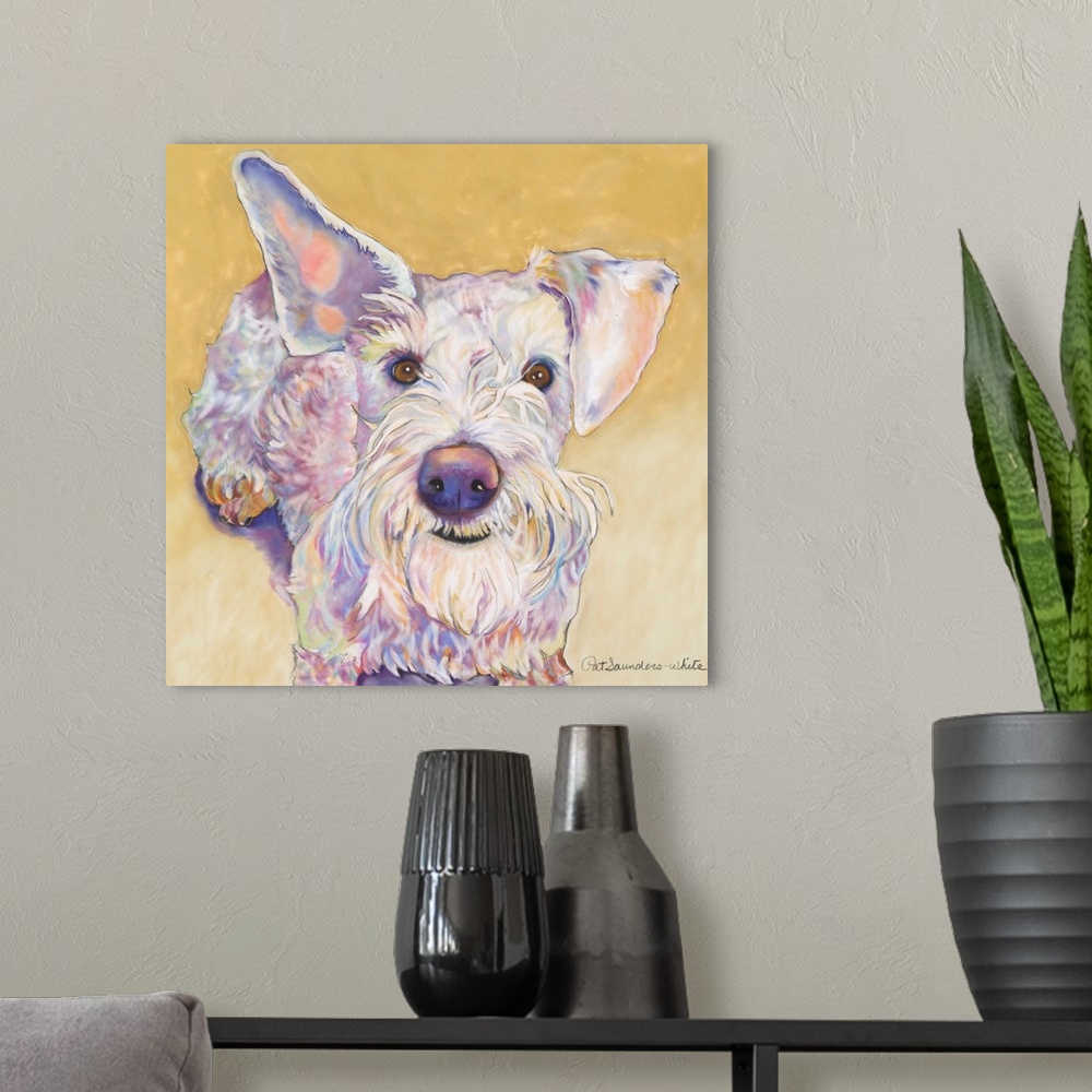 A modern room featuring Contemporary painting of a white terrier dog.