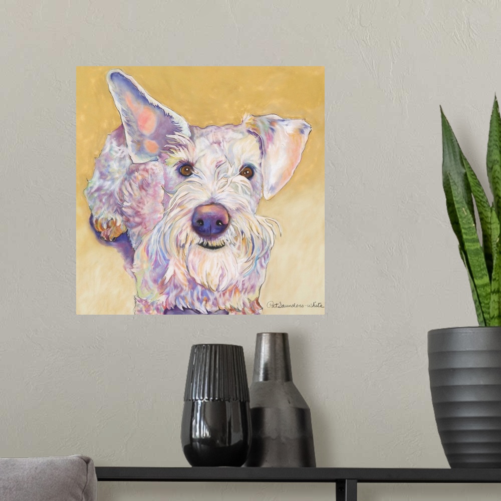 A modern room featuring Contemporary painting of a white terrier dog.