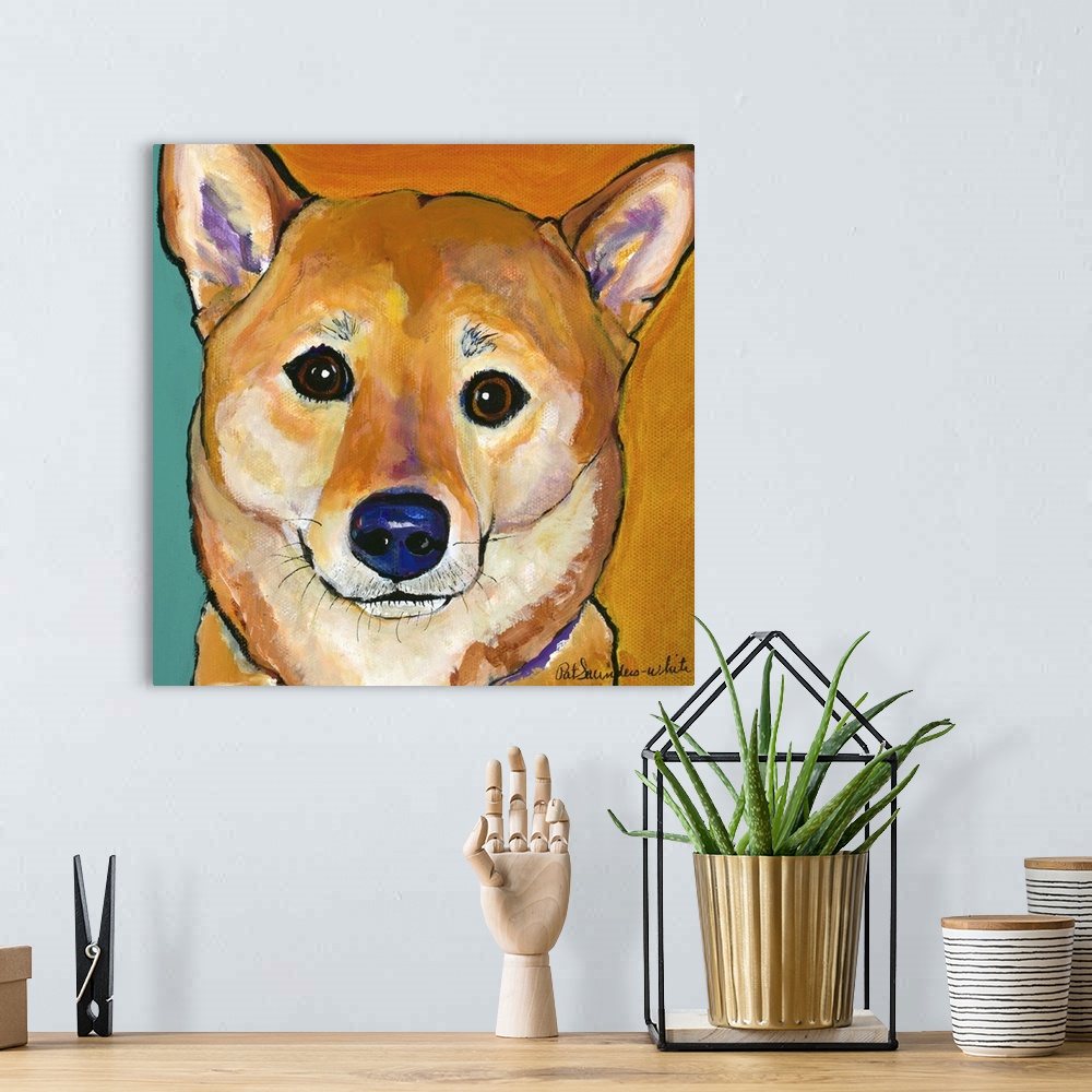 A bohemian room featuring Contemporary artwork of a shiba inu dog.