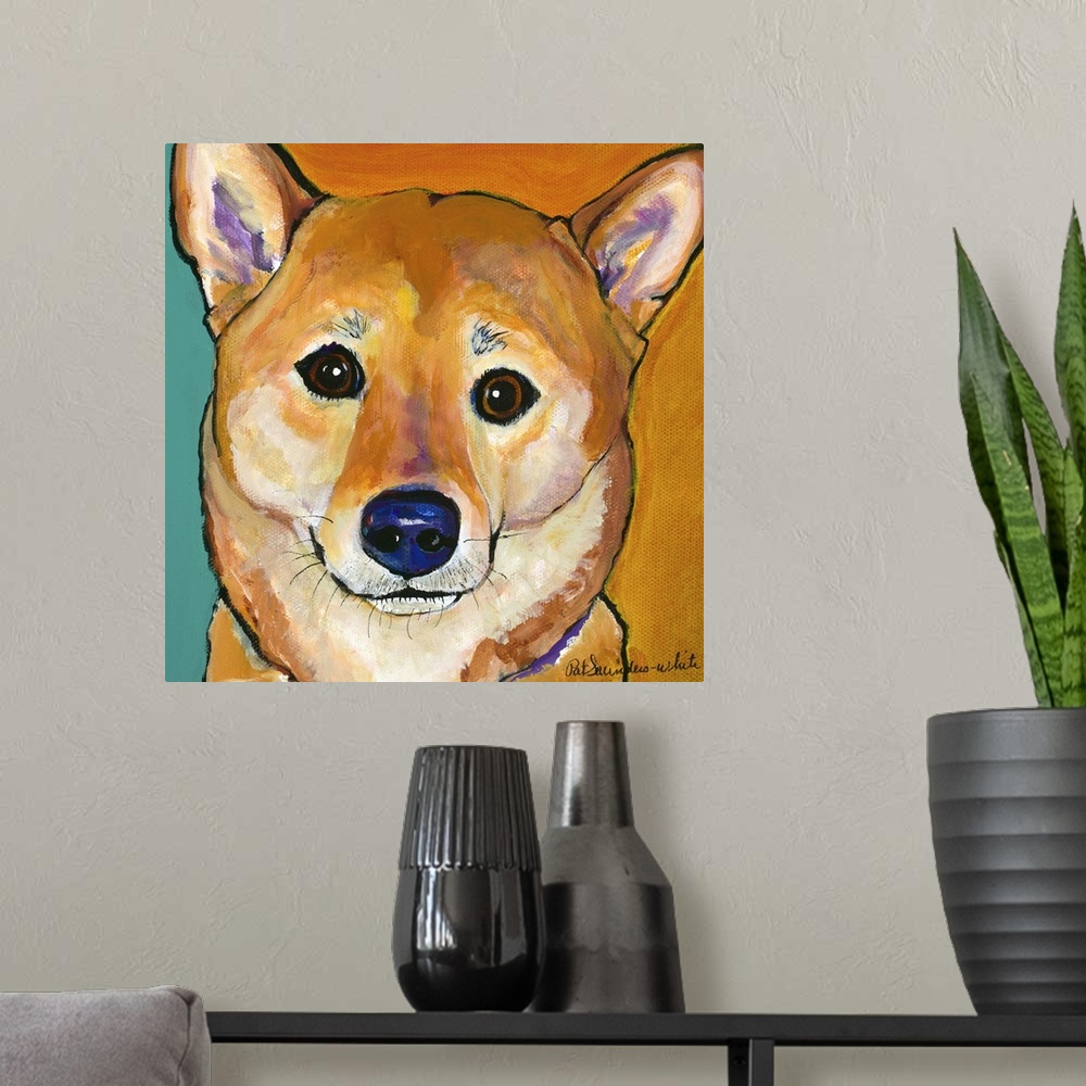 A modern room featuring Contemporary artwork of a shiba inu dog.