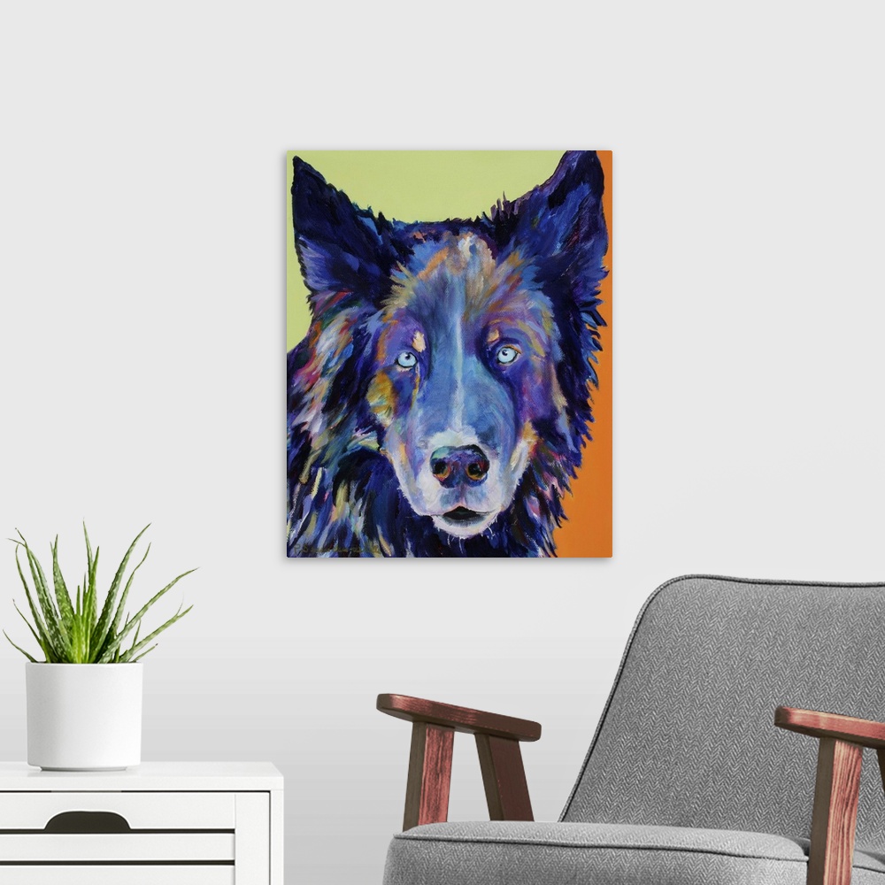 A modern room featuring Contemporary artwork of a dog with pointed ears and dark fur.