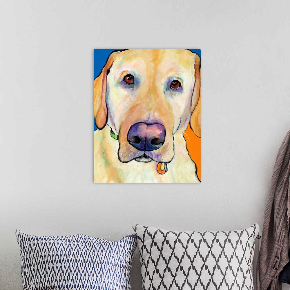 A bohemian room featuring Contemporary portrait of a yellow labrador.