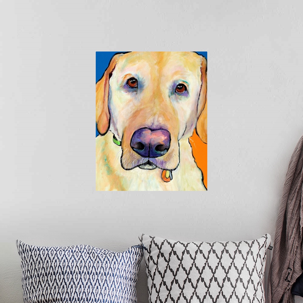 A bohemian room featuring Contemporary portrait of a yellow labrador.