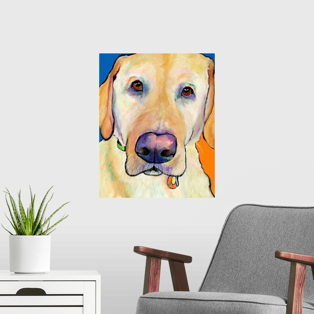 A modern room featuring Contemporary portrait of a yellow labrador.