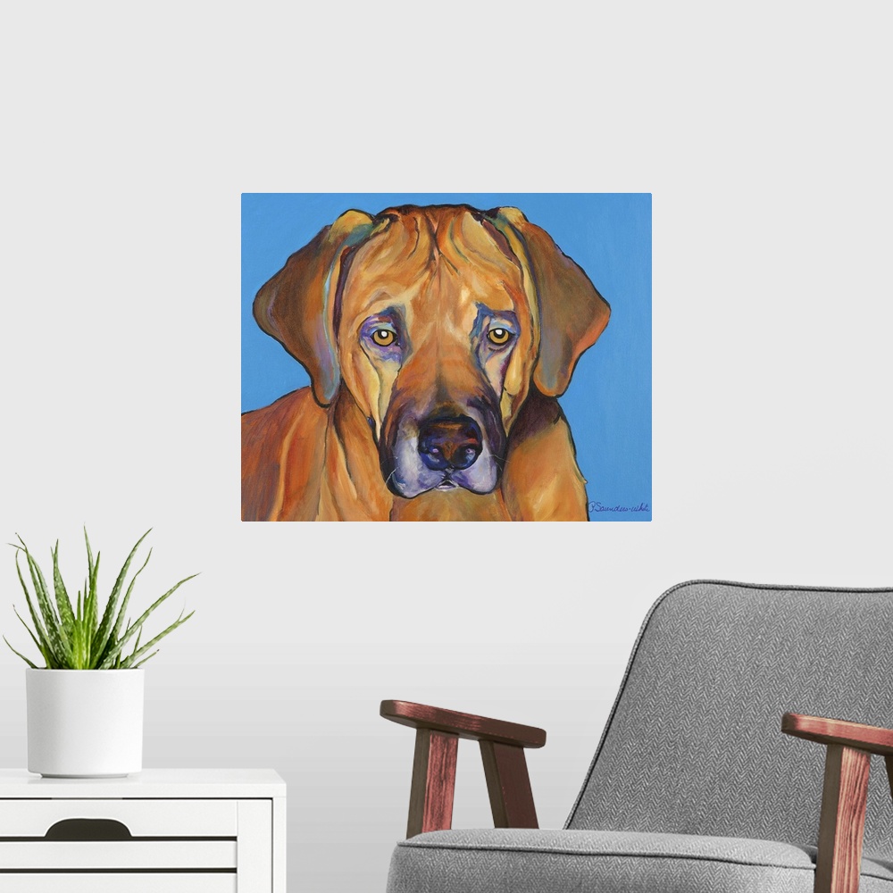 A modern room featuring A painting of a dog whose eyes and demeanor appear sad.