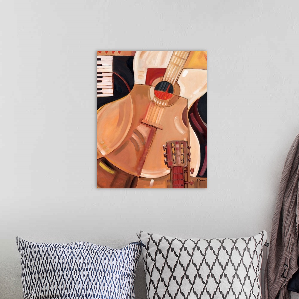 A bohemian room featuring Abstracted painting of a guitar and other musical instrument elements, done in neutral tones.