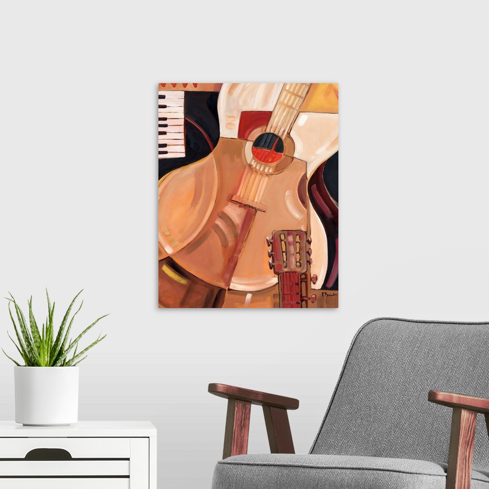 A modern room featuring Abstracted painting of a guitar and other musical instrument elements, done in neutral tones.