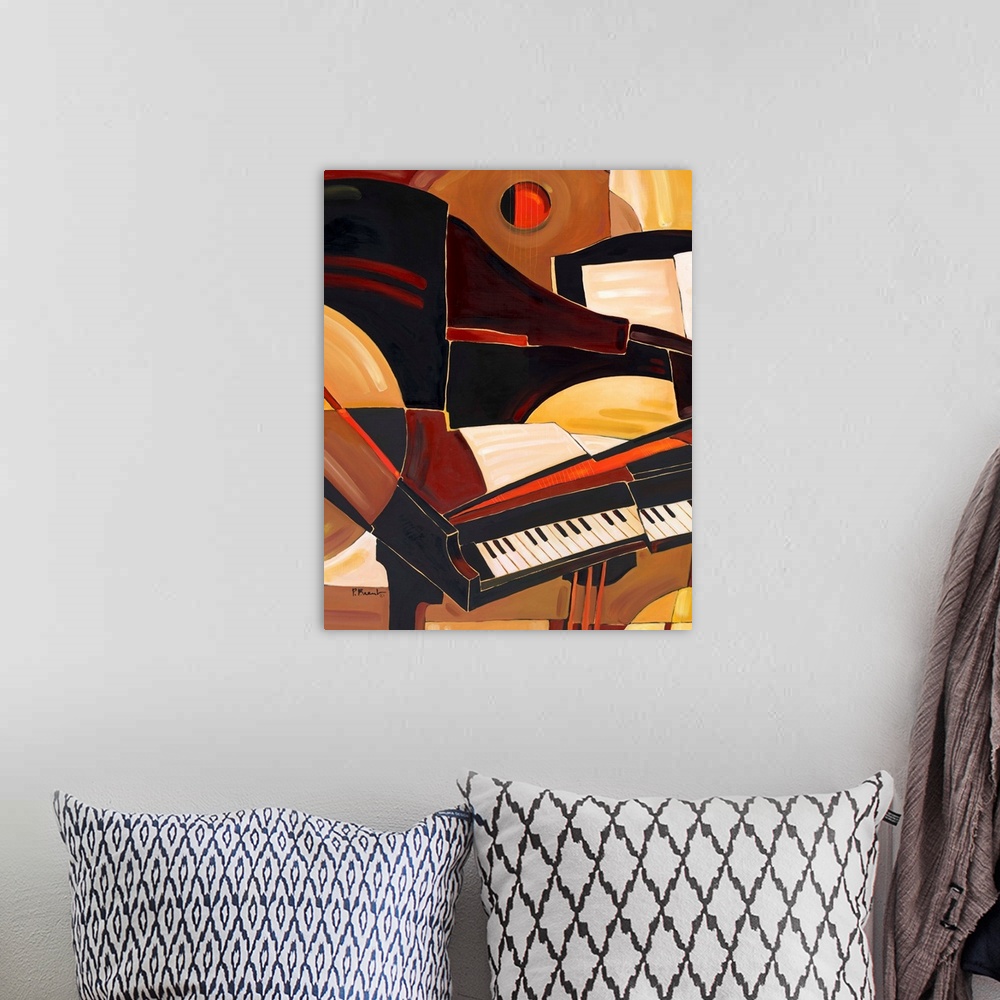 A bohemian room featuring Abstracted painting of a piano and other musical instrument elements, done in neutral tones.