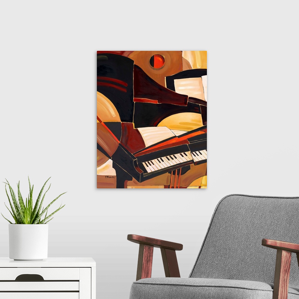 A modern room featuring Abstracted painting of a piano and other musical instrument elements, done in neutral tones.