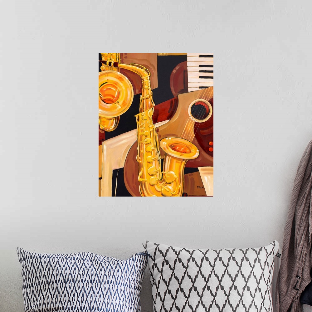 A bohemian room featuring Abstracted painting of a saxophone and other musical instrument elements, done in neutral tones.