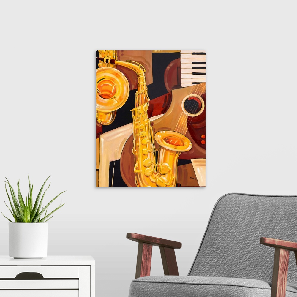 A modern room featuring Abstracted painting of a saxophone and other musical instrument elements, done in neutral tones.