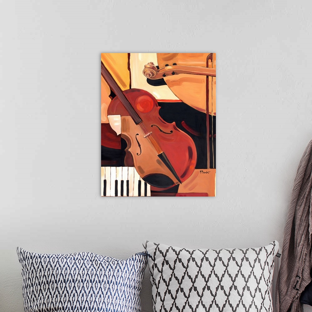 A bohemian room featuring Abstracted painting of a violin and other musical instrument elements, done in neutral tones.