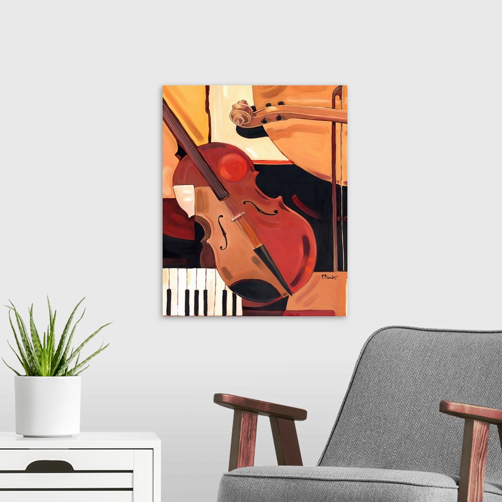 A modern room featuring Abstracted painting of a violin and other musical instrument elements, done in neutral tones.