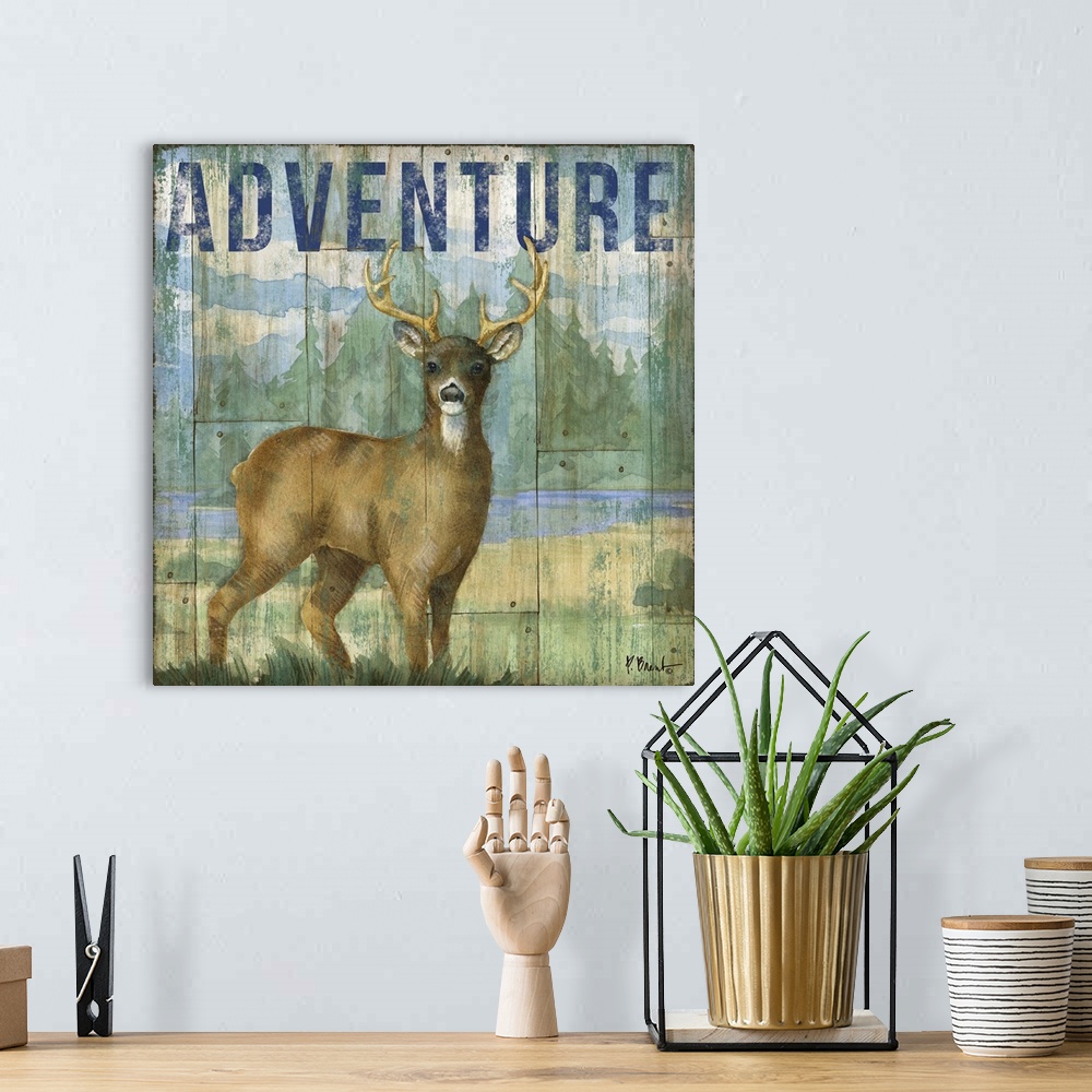 A bohemian room featuring Square cabin decor with a deer and wilderness painted on a faux wood background with "Adventure" ...