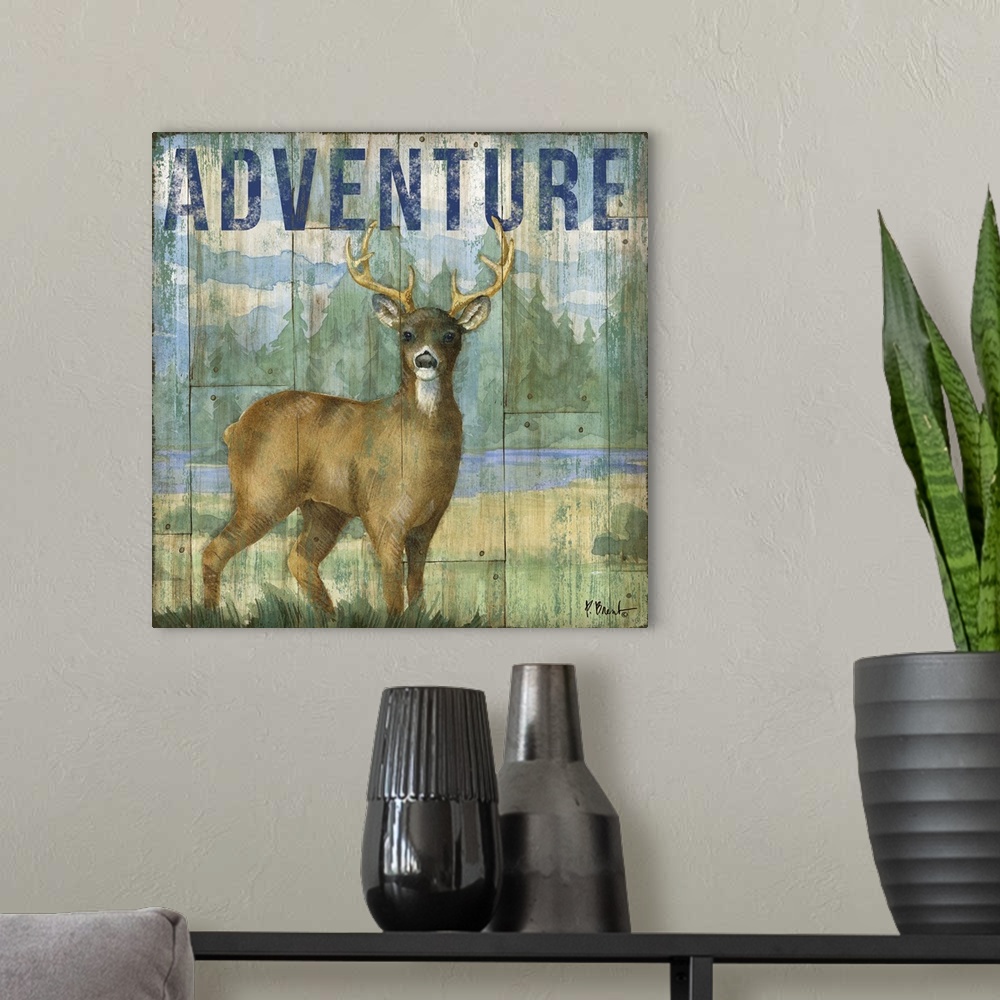 A modern room featuring Square cabin decor with a deer and wilderness painted on a faux wood background with "Adventure" ...