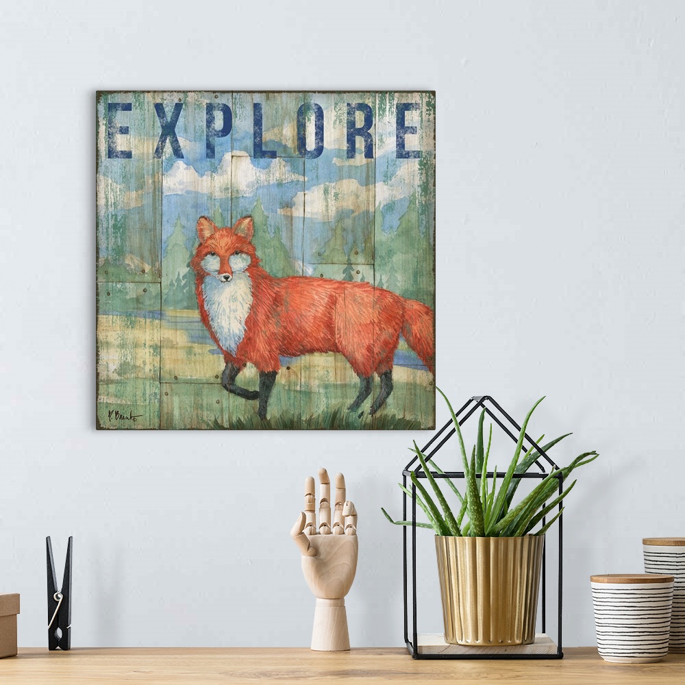 A bohemian room featuring Square cabin decor with a fox and wilderness painted on a faux wood background with "Explore" wri...
