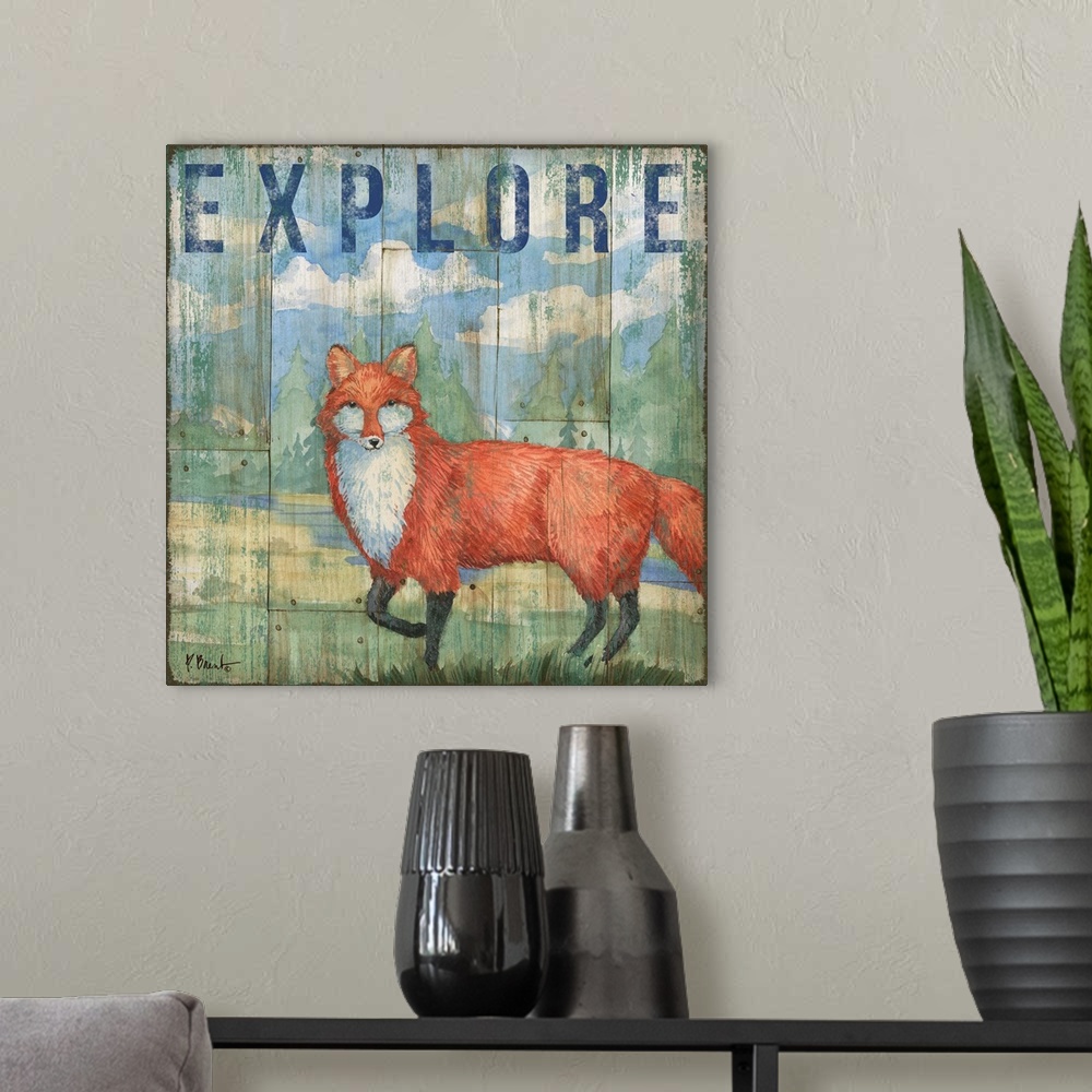 A modern room featuring Square cabin decor with a fox and wilderness painted on a faux wood background with "Explore" wri...