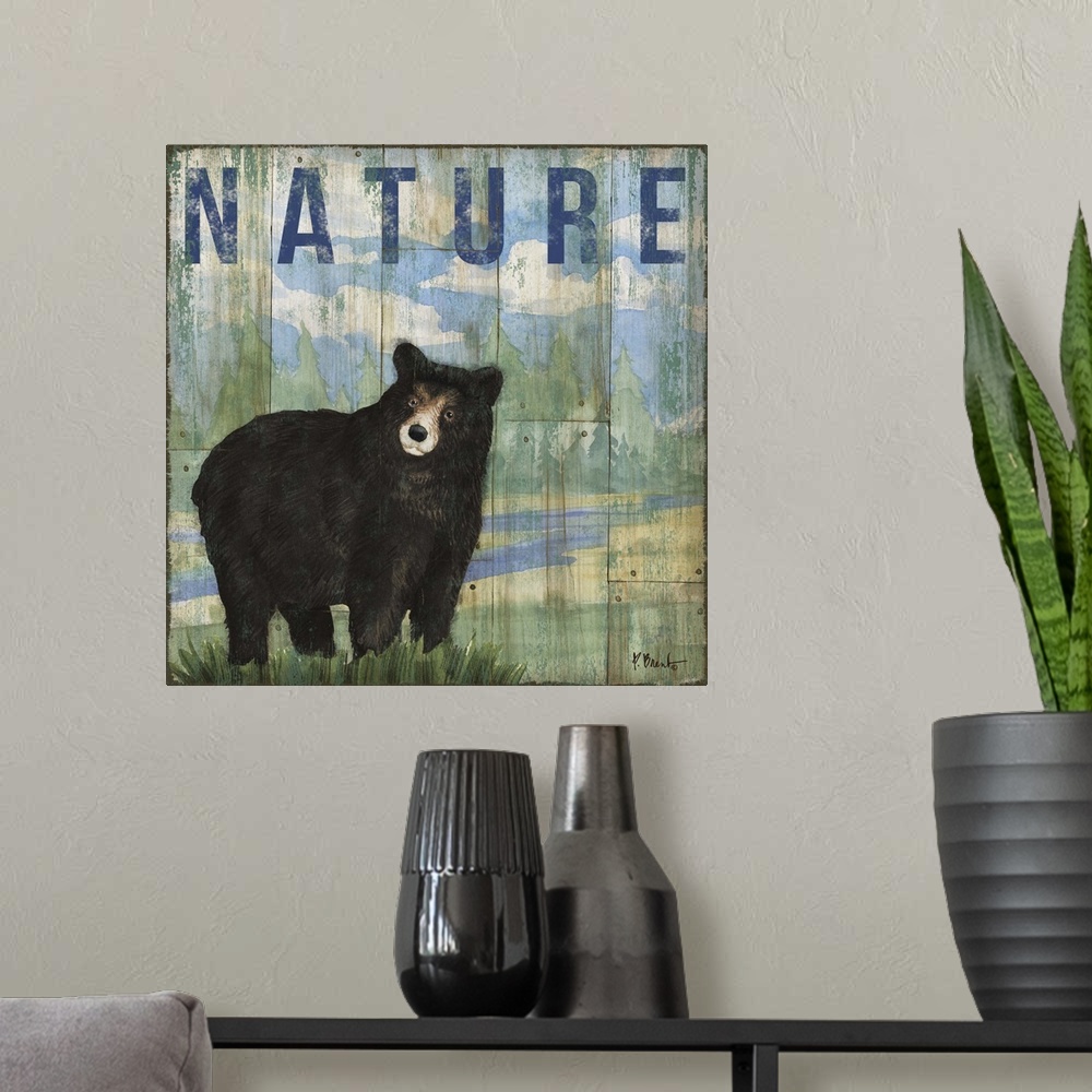 A modern room featuring Square cabin decor with a black bear and wilderness painted on a faux wood background with "Natur...