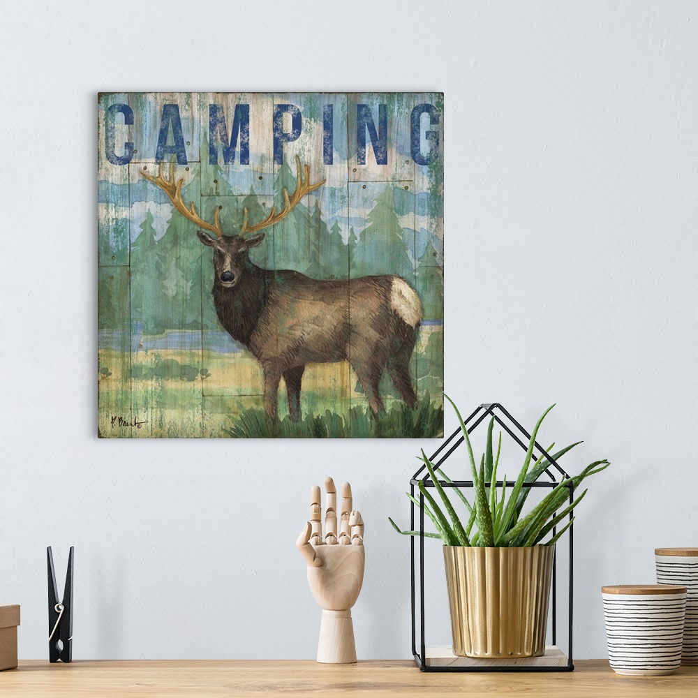 A bohemian room featuring Square cabin decor with a moose and wilderness painted on a faux wood background with "Camping" w...