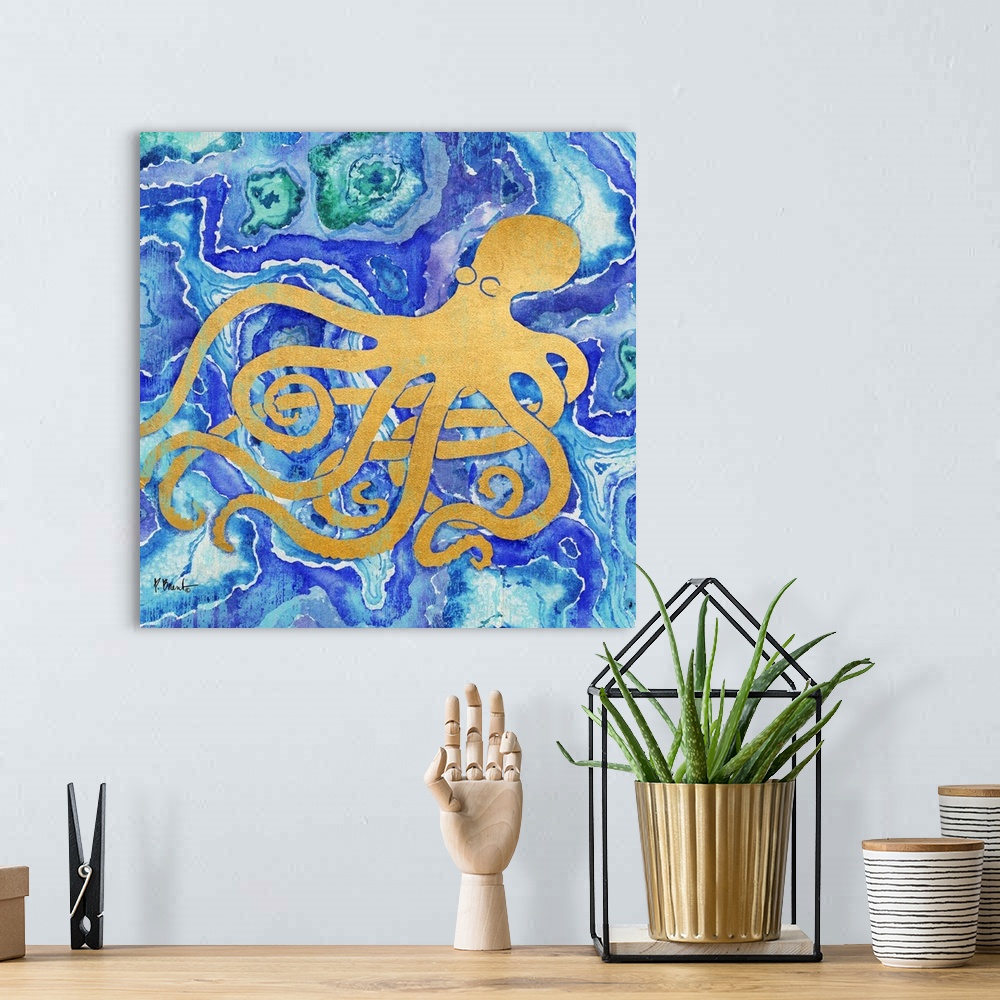A bohemian room featuring Square decor with a metallic gold octopus on a blue, green, and purple agate patterned background.