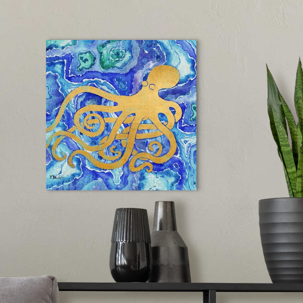 A modern room featuring Square decor with a metallic gold octopus on a blue, green, and purple agate patterned background.