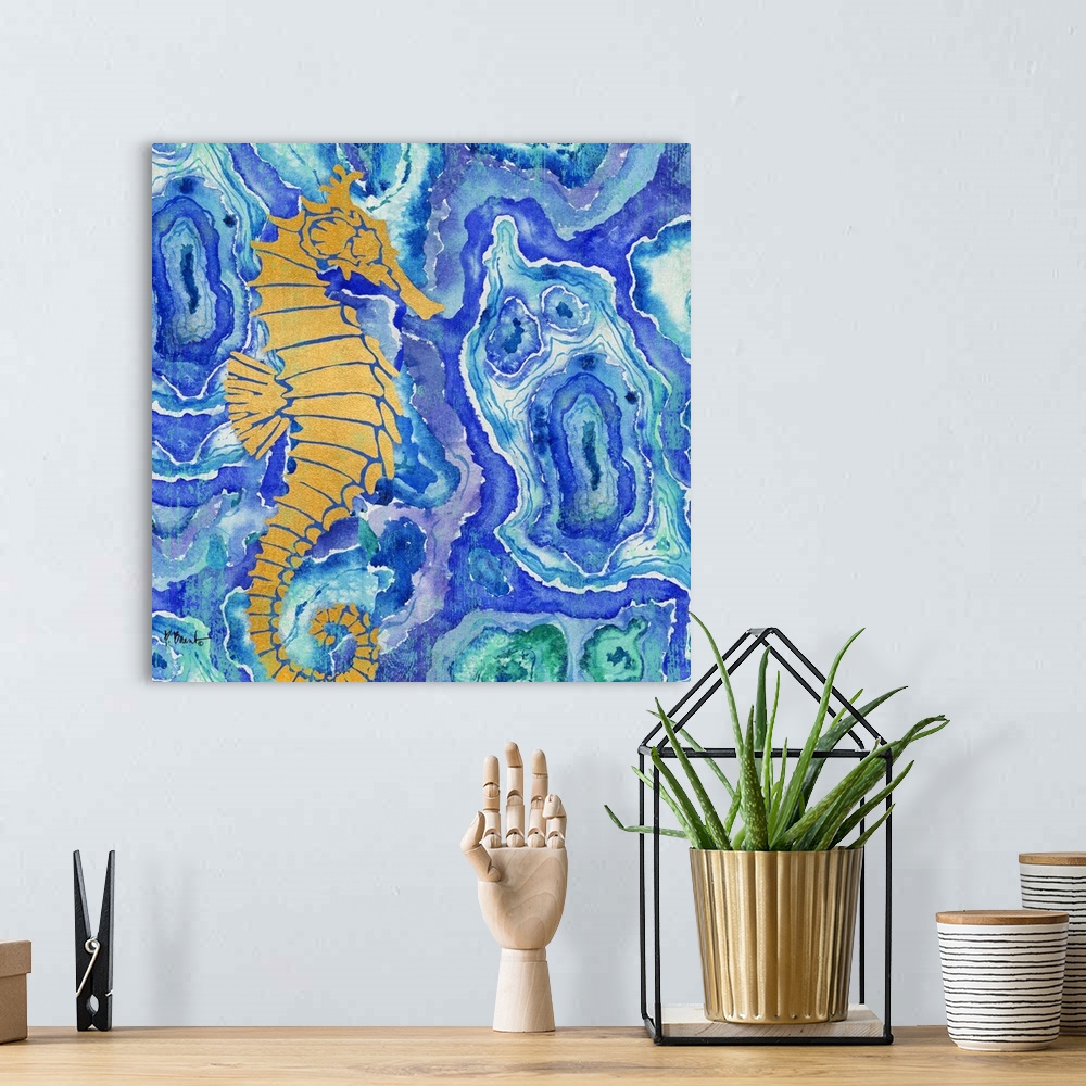 A bohemian room featuring Square decor with a metallic gold seahorse on a blue, green, and purple agate patterned background.