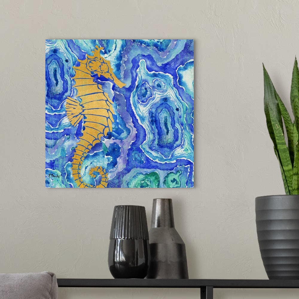A modern room featuring Square decor with a metallic gold seahorse on a blue, green, and purple agate patterned background.