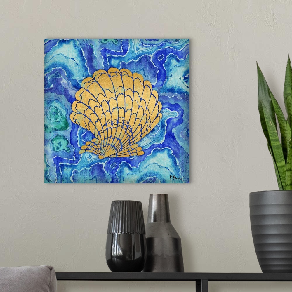 A modern room featuring Square decor with a metallic gold seashell on a blue, green, and purple agate patterned background.