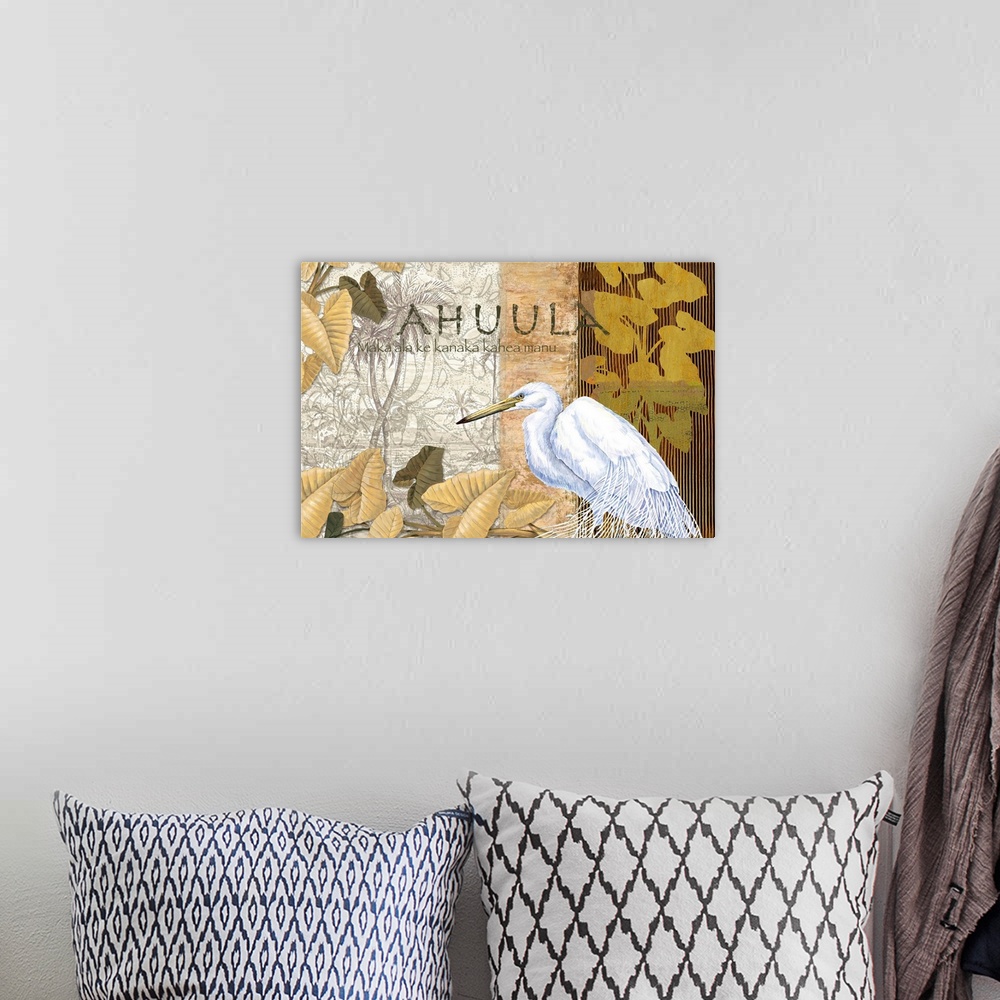 A bohemian room featuring Mixed media artwork featuring a great white egret, decorative frond silhouettes, and the word Ahu...