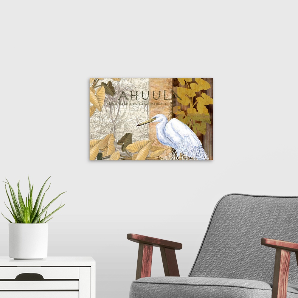 A modern room featuring Mixed media artwork featuring a great white egret, decorative frond silhouettes, and the word Ahu...