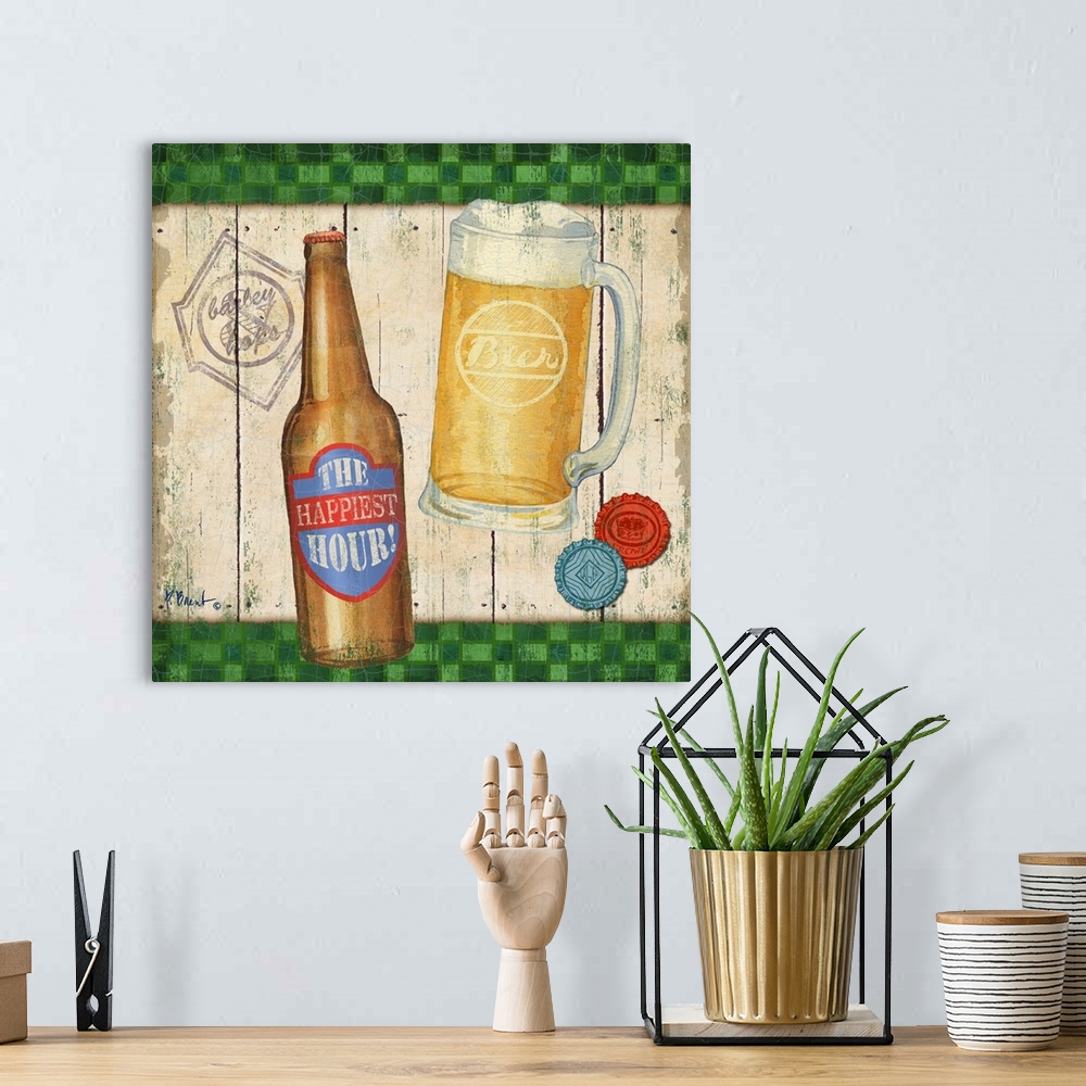 A bohemian room featuring Decorative artwork featuring a pint and a bottle of beer with bottlecaps.