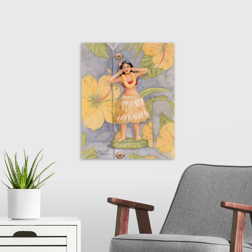 A modern room featuring Painting from a series of hula girl figurines on a Hawaiian shirt background.