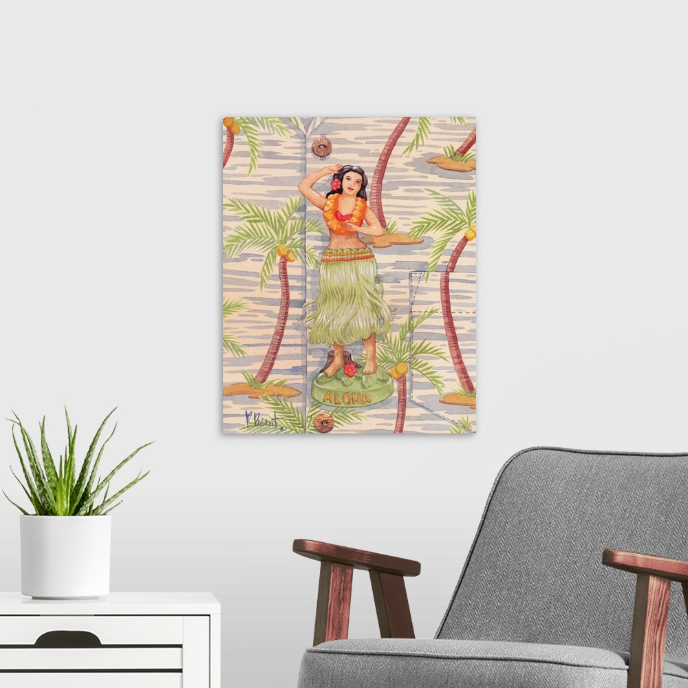 A modern room featuring Painting from a series of hula girl figurines on a Hawaiian shirt background.