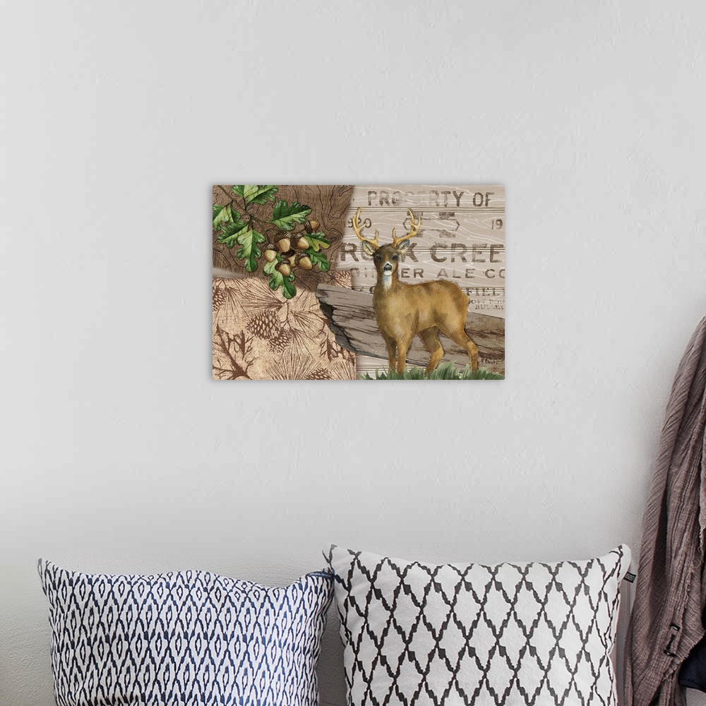 A bohemian room featuring Collage of woodland elements including a deer, acorns, and a property sign.