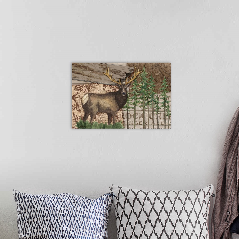 A bohemian room featuring Collage of woodland elements including an elk, trees, and a property sign.