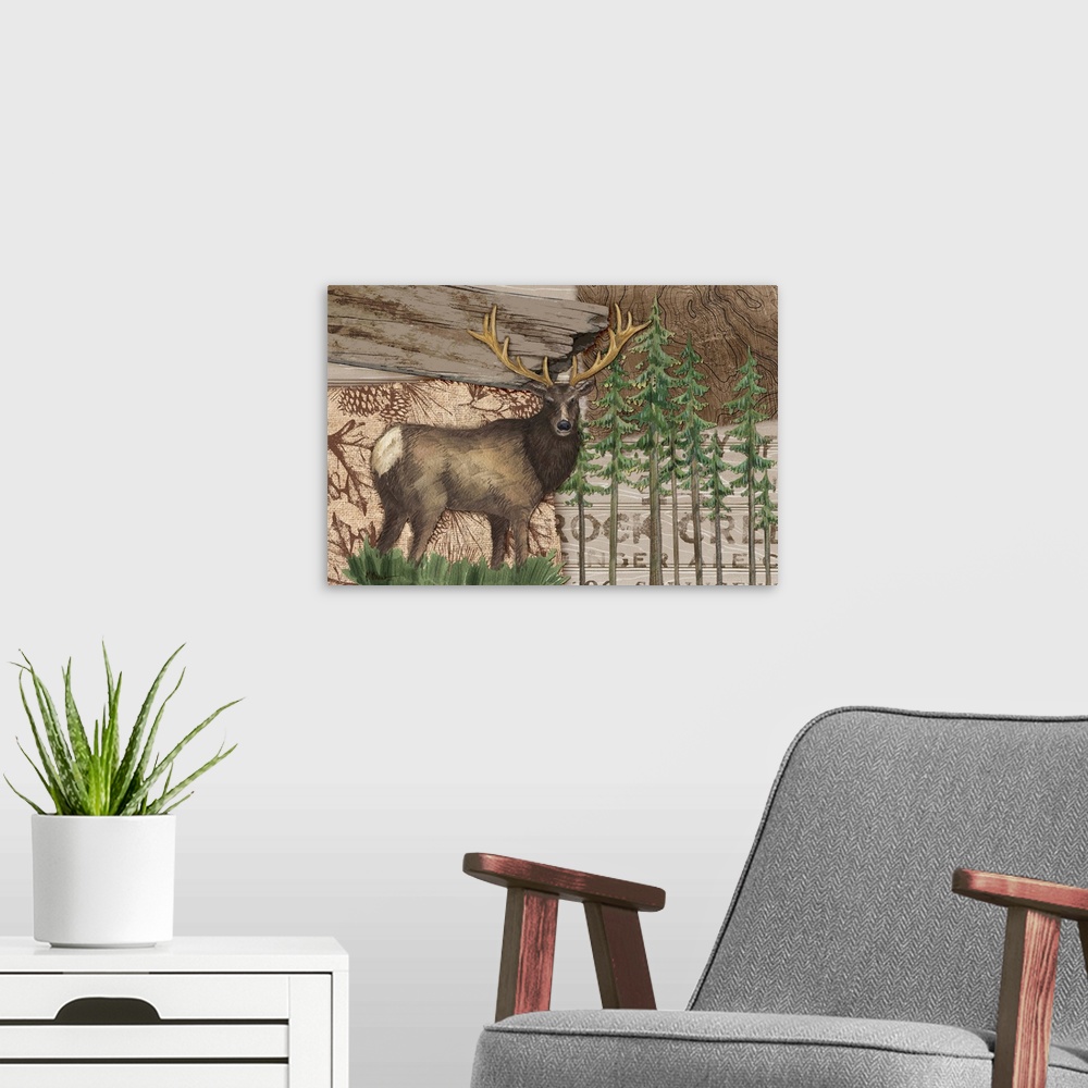 A modern room featuring Collage of woodland elements including an elk, trees, and a property sign.