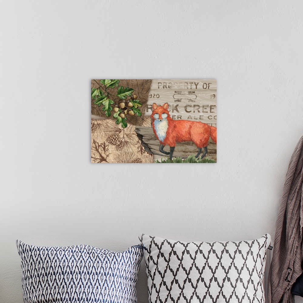 A bohemian room featuring Illustration of a fox with woodland themed surroundings.