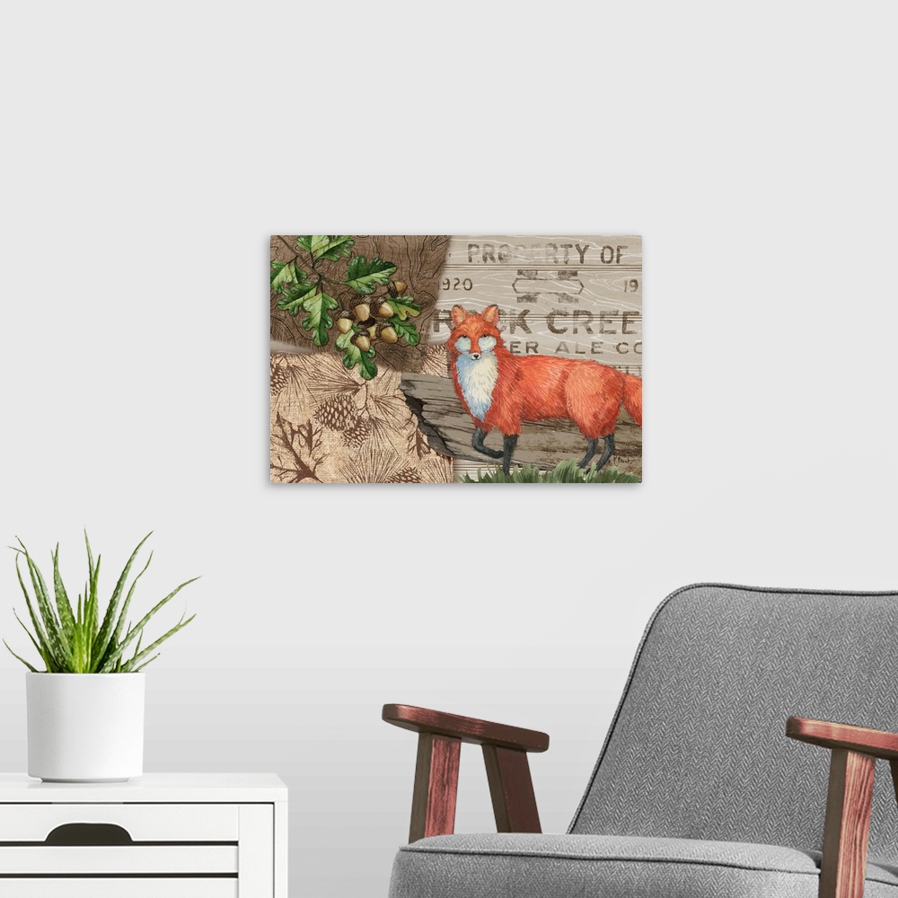 A modern room featuring Illustration of a fox with woodland themed surroundings.