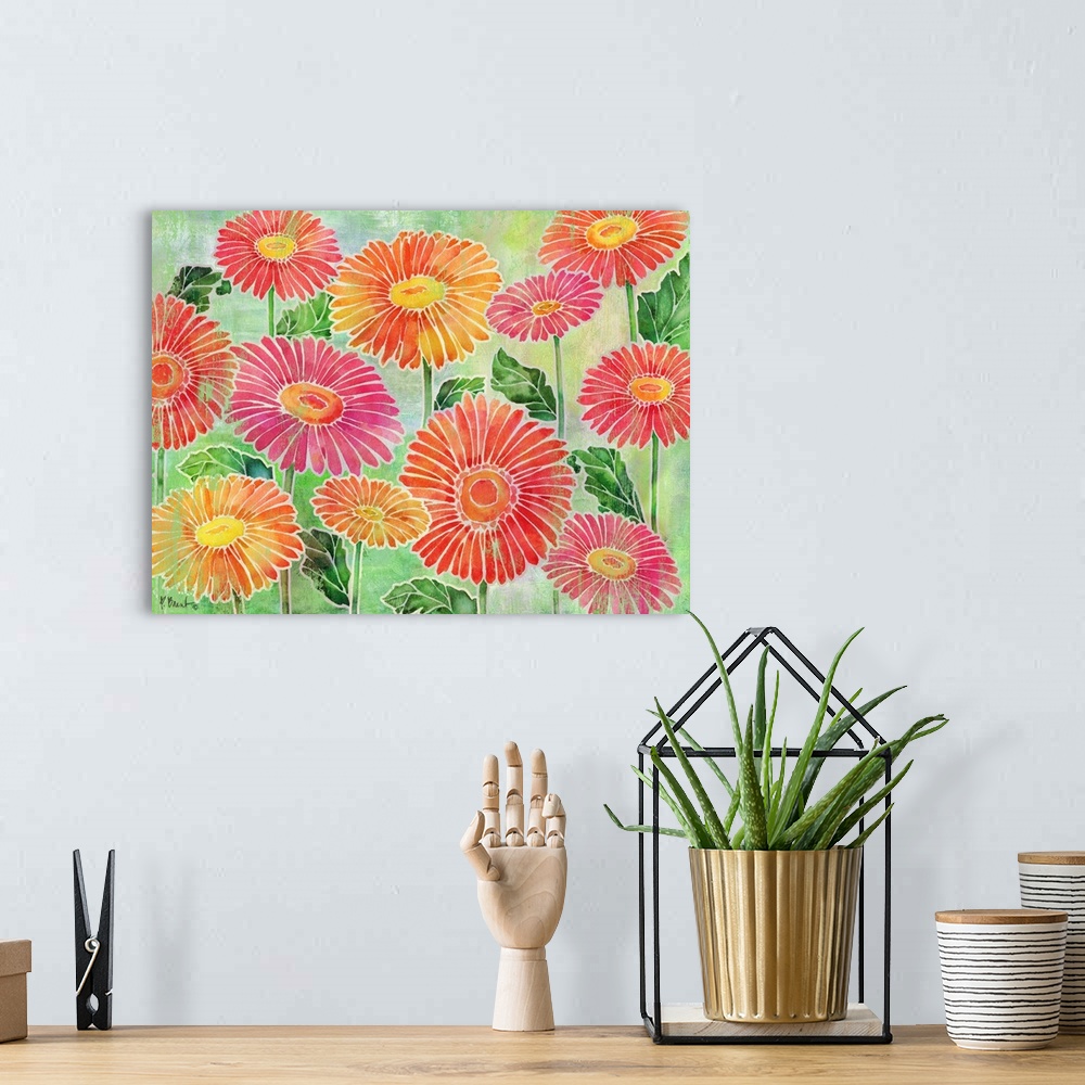 A bohemian room featuring Large Spring decor with pink, red, and orange daisies on a green background.