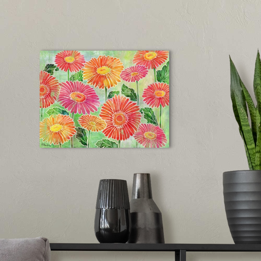 A modern room featuring Large Spring decor with pink, red, and orange daisies on a green background.