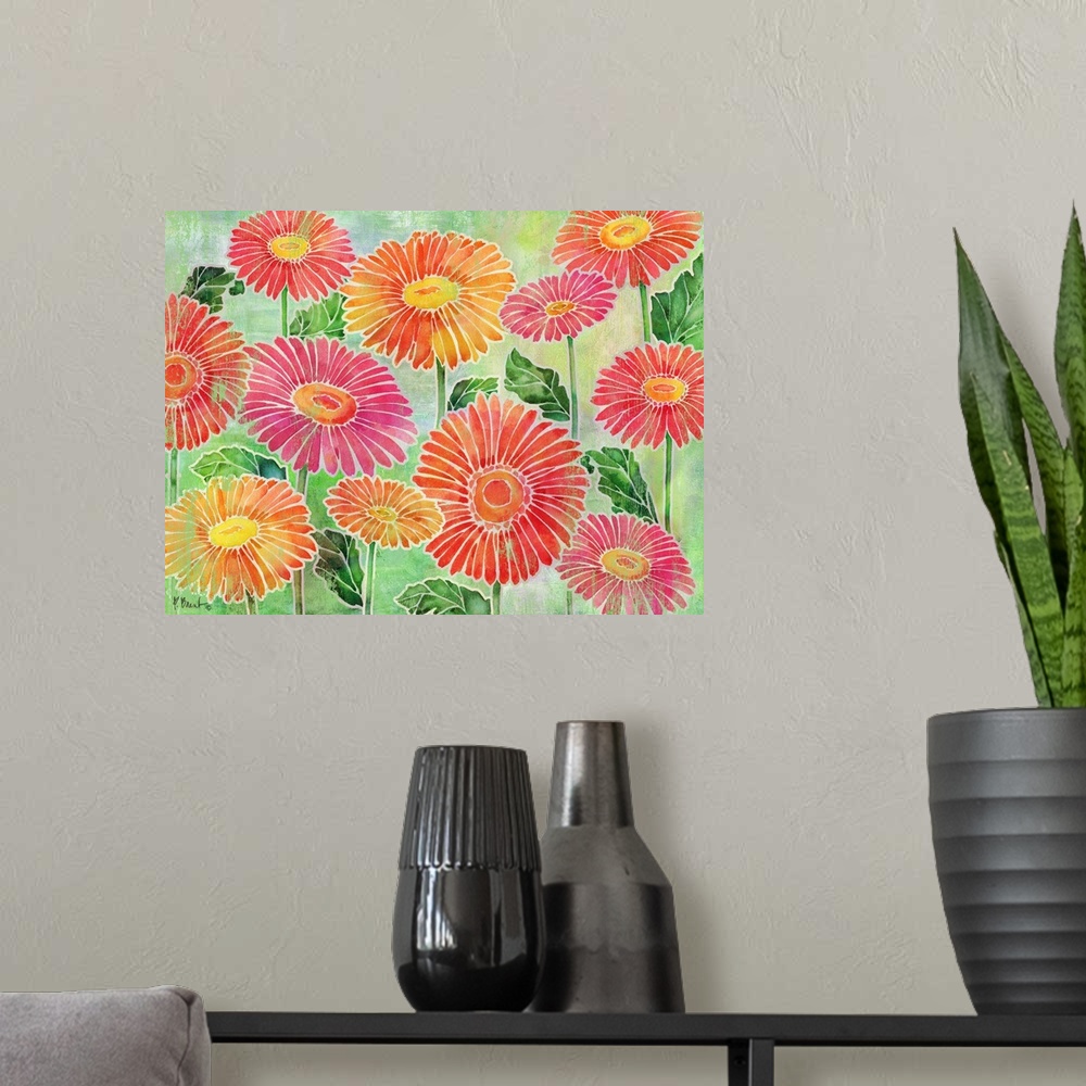 A modern room featuring Large Spring decor with pink, red, and orange daisies on a green background.