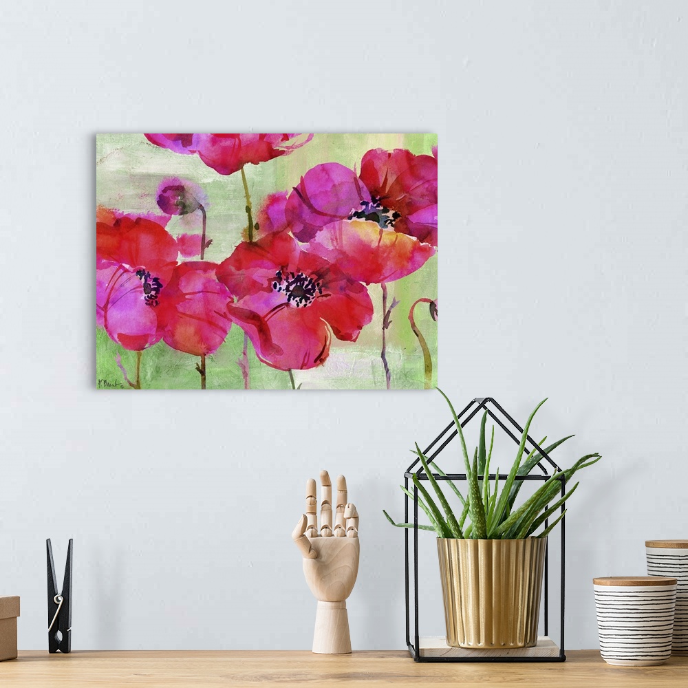 A bohemian room featuring Vibrant pink watercolor flowers.