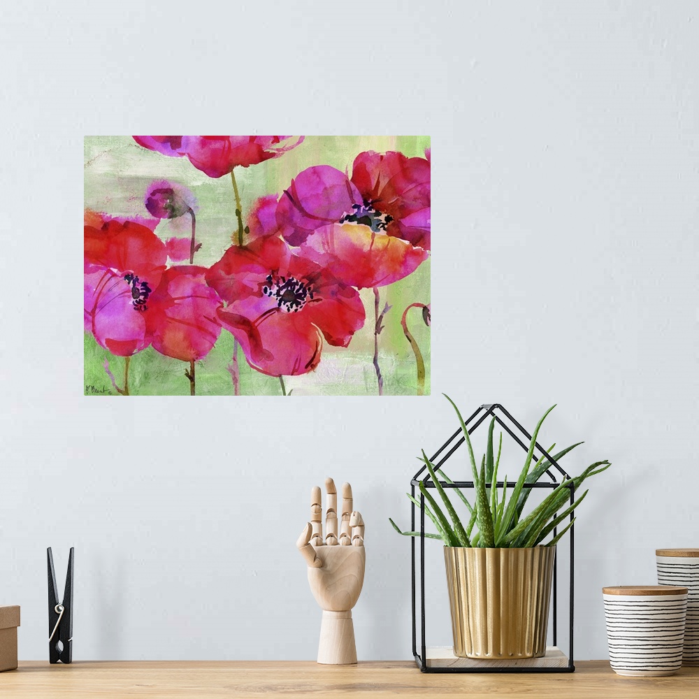 A bohemian room featuring Vibrant pink watercolor flowers.