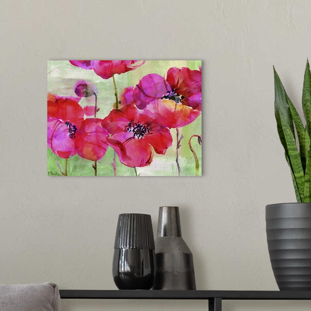 A modern room featuring Vibrant pink watercolor flowers.
